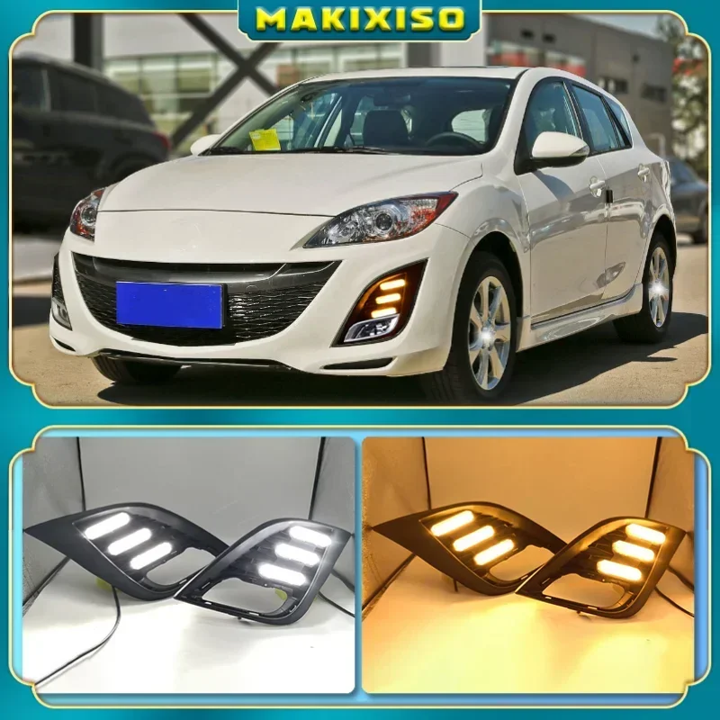 1 Set DRL For Mazda 3 Mazda3 Axela 2010 2011 2012 2013 Daytime Running Lights fog lamp Yellow turn signal 12V Daylight