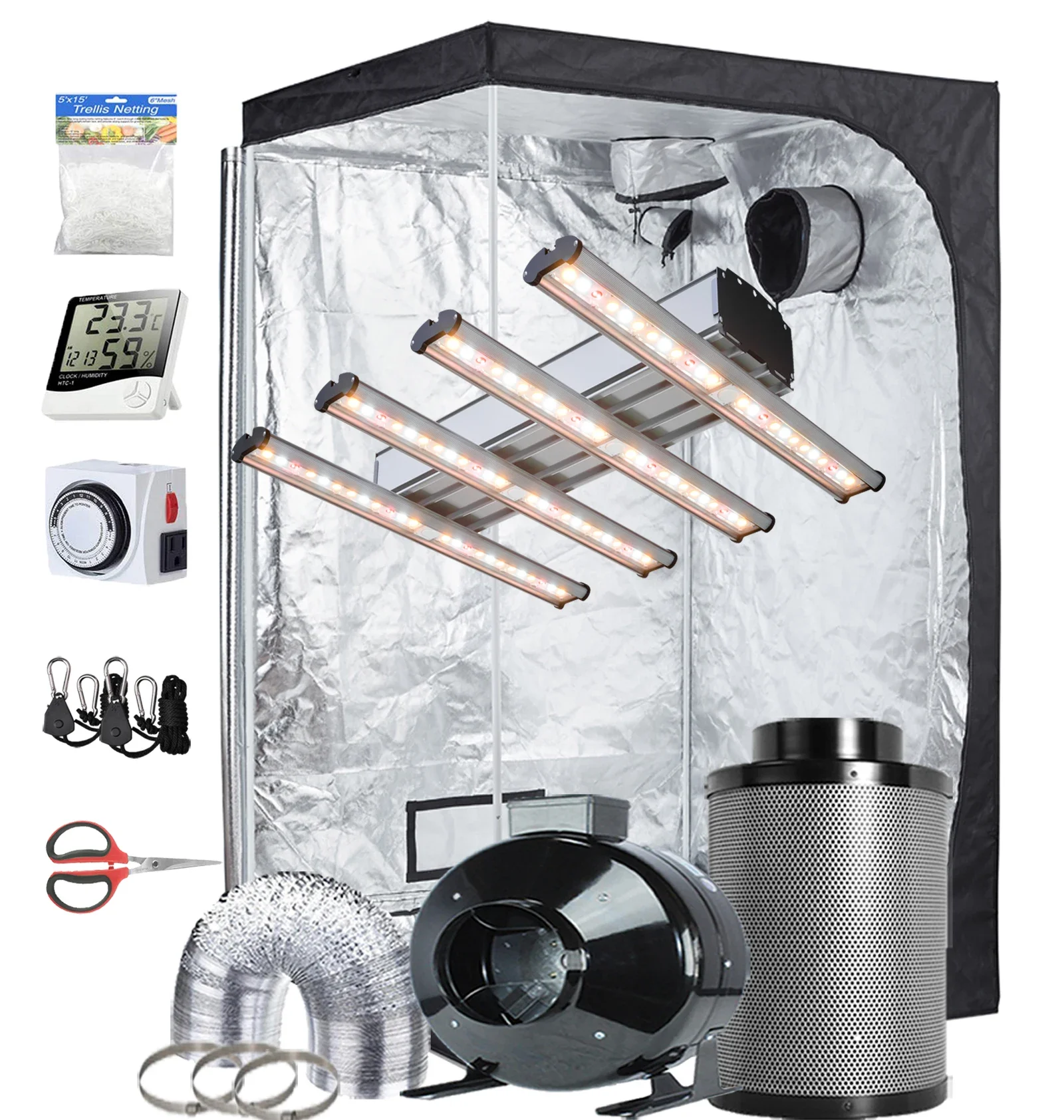 4'x4' Grow Tent Kit  1200W Led Bar Grow Light 4 Strips Full Spectrum Lights Indoor 48