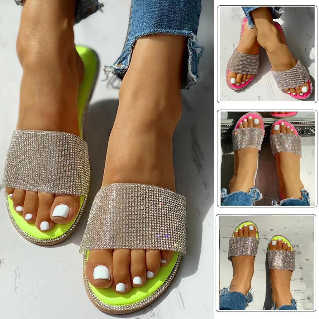 Women Fashion Flat Slippers Shiny Rhinestone Roman Women Indoor Outdoor Slippers 2023 Summer Bright Flat Bottom Daily Sandals