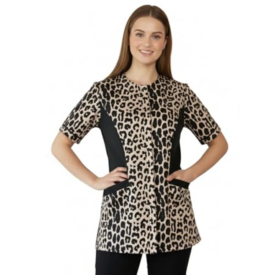 

716 Leopard Waterproof Pet Grooming Jacket Breathable Mesh Lining Hair Bleach Resistant Adjustable Back Belt