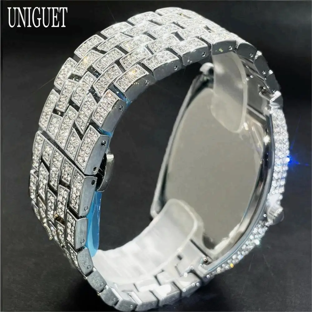 UNIGUET Fashion Iced Watch For Men Luxury Stainless Steel Quartz Watch Man Hip Hop Diamonds AAA Jewelry Wristwatch 2024 Hot Sell