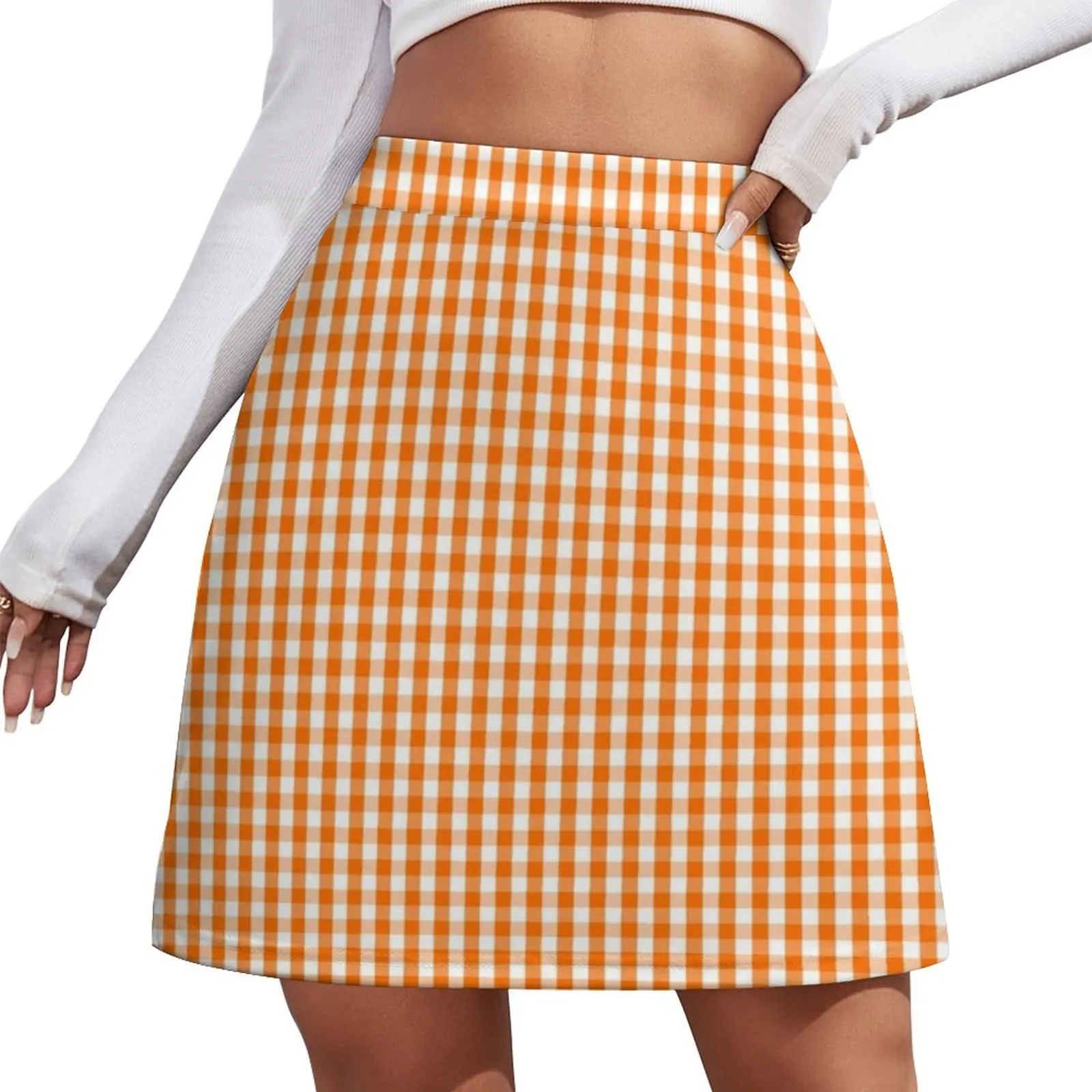 

Dark Pumpkin Orange and White Gingham Check Pattern Mini Skirt Women's summer skirts Mini Skirt