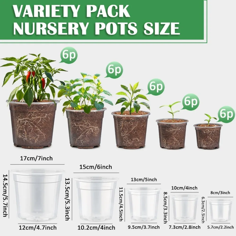 Clear Nursery Pots 30-Pack: 3-7 Inch Flexible Plastic Planters with Drainage Holes for Succulents, Seedlings & More