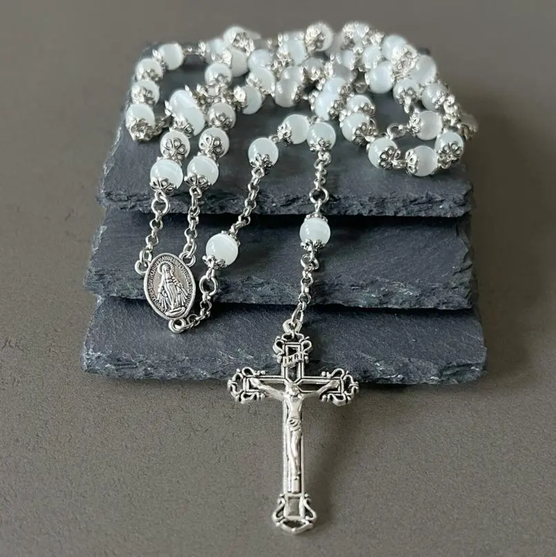 

Antique Jasper Prayer Beads Necklace Religious Madonna Cross Silver Plated Crisscross Catholicism Christian Vintage Jewelry