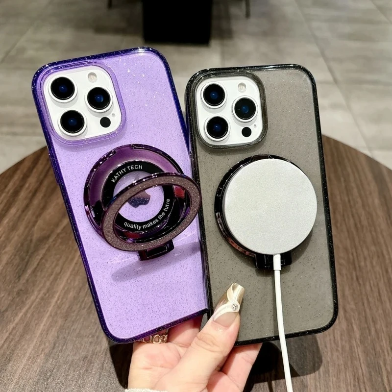 

Luxury Glitter Bling Ring Stand Magnetic Bracket For Magsafe Case For iPhone 17 Air 16 15 14 13 12 11 Pro Max Soft Silicon Cover