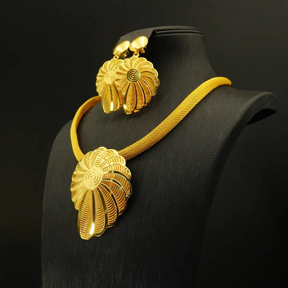 Luxury 24K 9999 Pure Gold real gold Dubai Flower Necklace Earrings Two Pieces