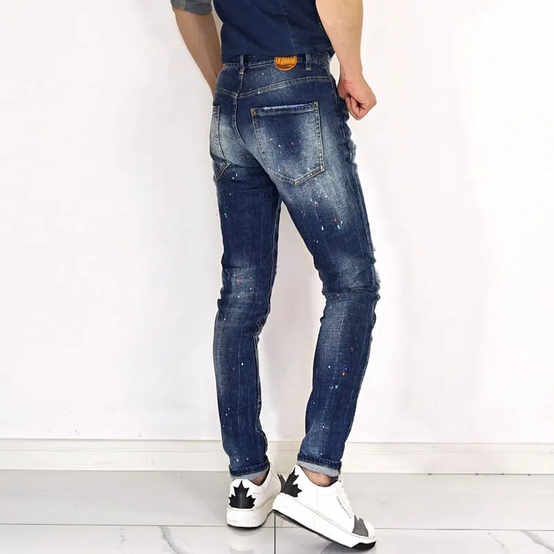 y2k Fashion High Street New Jeans Painted Wrinkles Scratches Washed Water Nostalgic Stretch Slimming Blue Jeans High Street