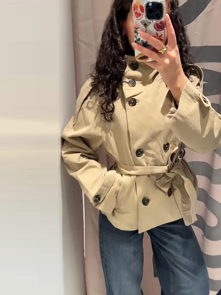 

Fashion Women's Short Belt Jackets Long Sleeve Stand Collar Double Breasted Female Coat Autumn Lady Solid Streetwear 2025