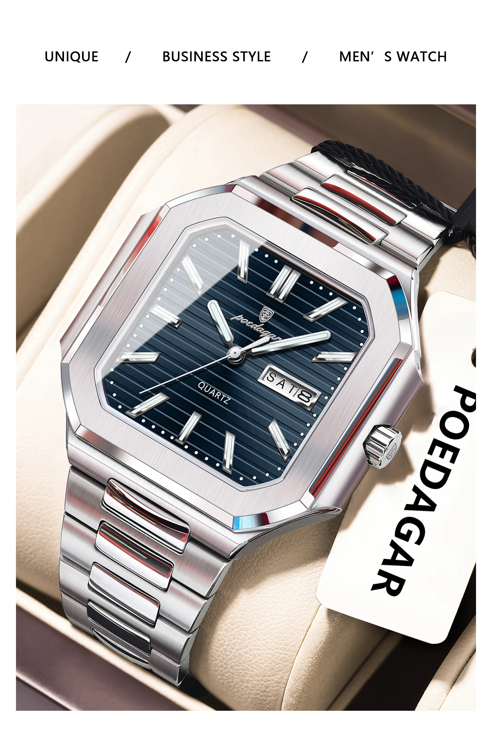 POEDAGAR Platz Mode Mann Armbanduhr Wasserdicht Leucht Datum Woche Quarz herren Uhren Edelstahl Luxus Männer Uhr Reloj – Detail 14