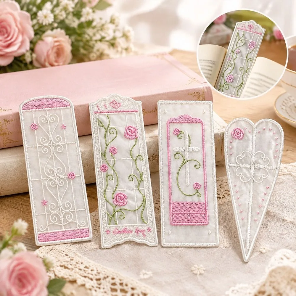 Organza Rose Embroidered Bookmark Rose Pattern Vine Window Style Reading Marker Heart and Cross Styles Embroidered Detail