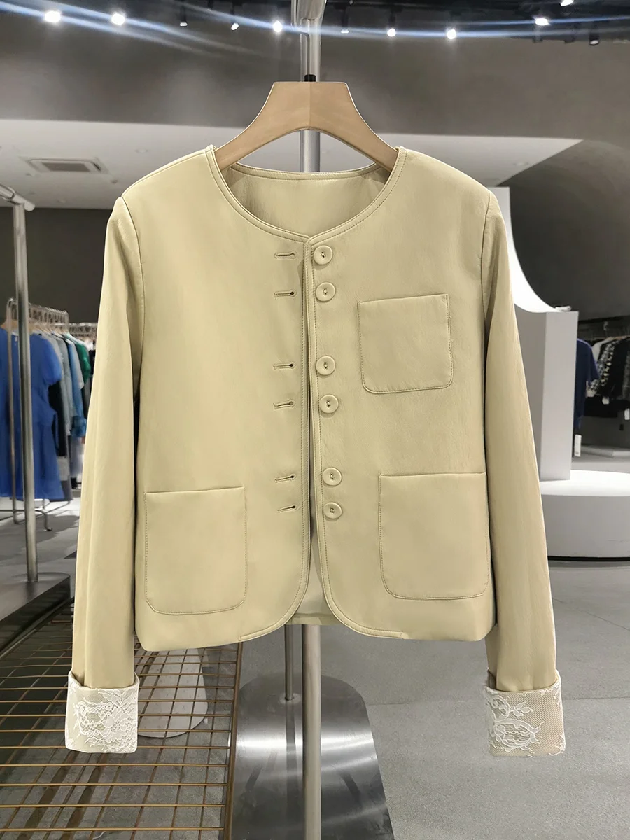 

Yellow Korean Sle Faionable Leather Jaet Women's Spring Autumn Elegance Lace Splicing Jaet Top Long Sve round Ne