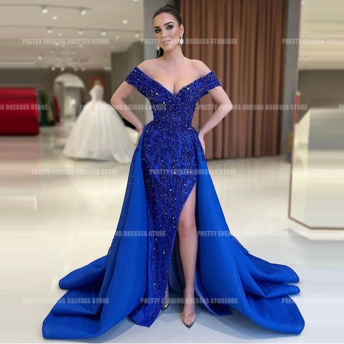 Luxury Sexy Evening Dresses Mermaid Woman\'s Formal Off Shoulder V Neck Side Split Satin Beach Party Prom Gowns Vestidos De Festa