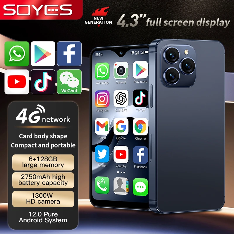 SOYES F9 Max Mini Smartphone 4G LTE Android 12 Octa-Core 4.3 Inch 6GB+128GB Mobile Phone 2750mAh Type-C OTG Small Phone Face ID