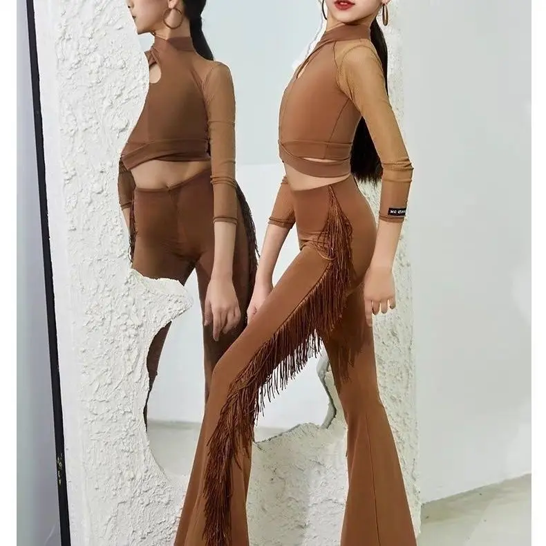 Children Latin Dance Pants Girl National Standard Dance Tassel Pants Set Training Outfit Kid Performance Competition Costumes