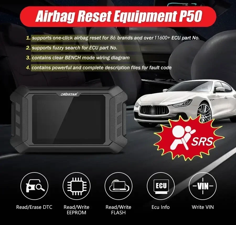 Reinicio de airbag P50, cubiertas de equipo de reinicio de airbag inteligente, 86 marcas y más de 11600+ ECU, número de pieza. de OBD/banco con P004
