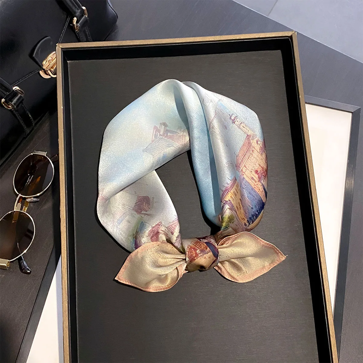

Women 100% Silk Square Scarf Watercolor Venice Town Print Hijab Neckerchief Bandana Beach Hair Wrap Luxury Bag Accessory Gift
