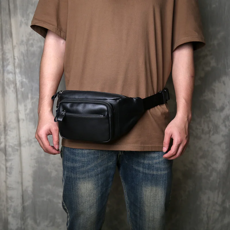 Men's Genuine Leather Waist Bag - Top Grain Cowhide Chest Sling Bag, Multi-Functional Business Fanny Pack for Office & Gym