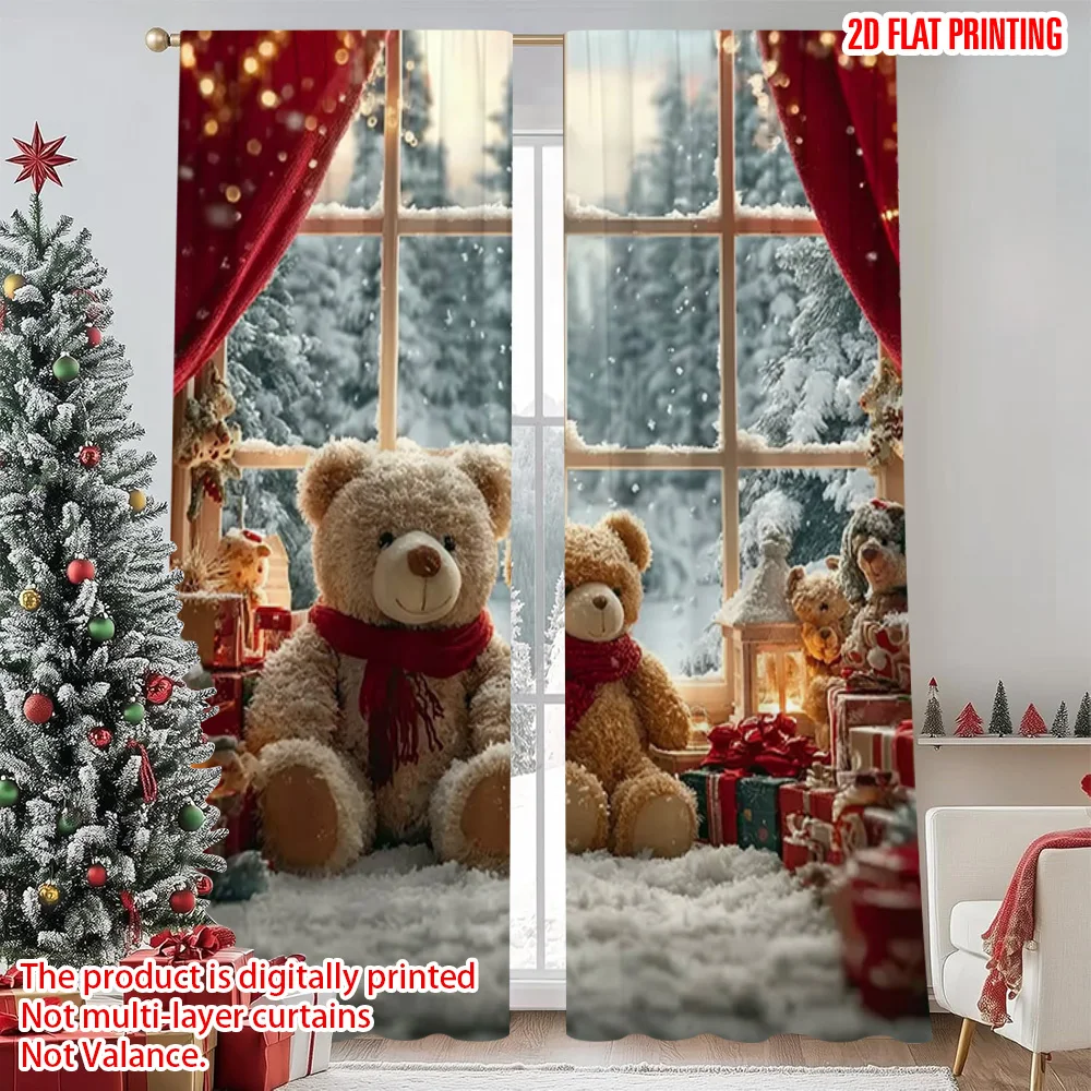 

2pcs 2D flat printing Merry Christmas Popular Window Curtains Red Winter Machine Washable Polyester Without Electricity Festive