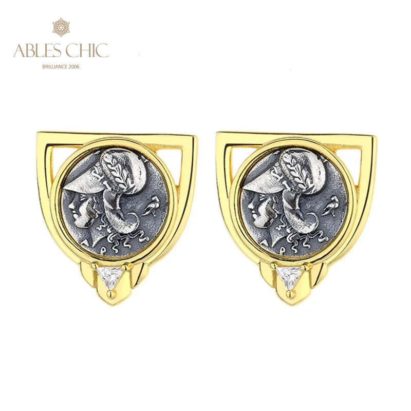 

Athena Greek Replica Silver Coins Shield Studs 18K Gold Two Tone Solid 925 Silver CZ Accent Earrings E1075