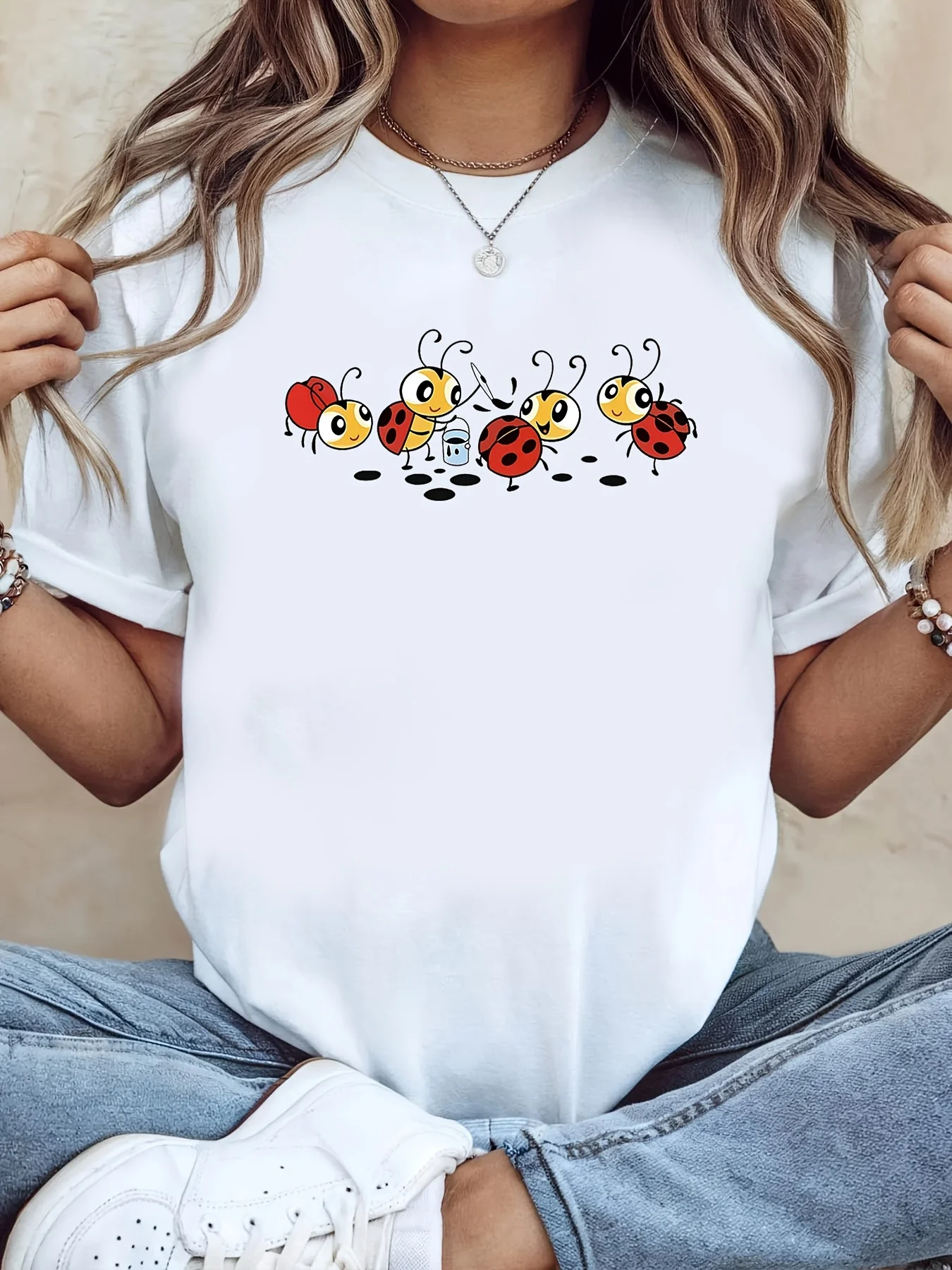 Ladybug Cartoon Graphic Women's Summer T-Shirt Cotton O-neck short-sleeved Tee Casual T Shirts Oversized Tshirts Tops Streetwear