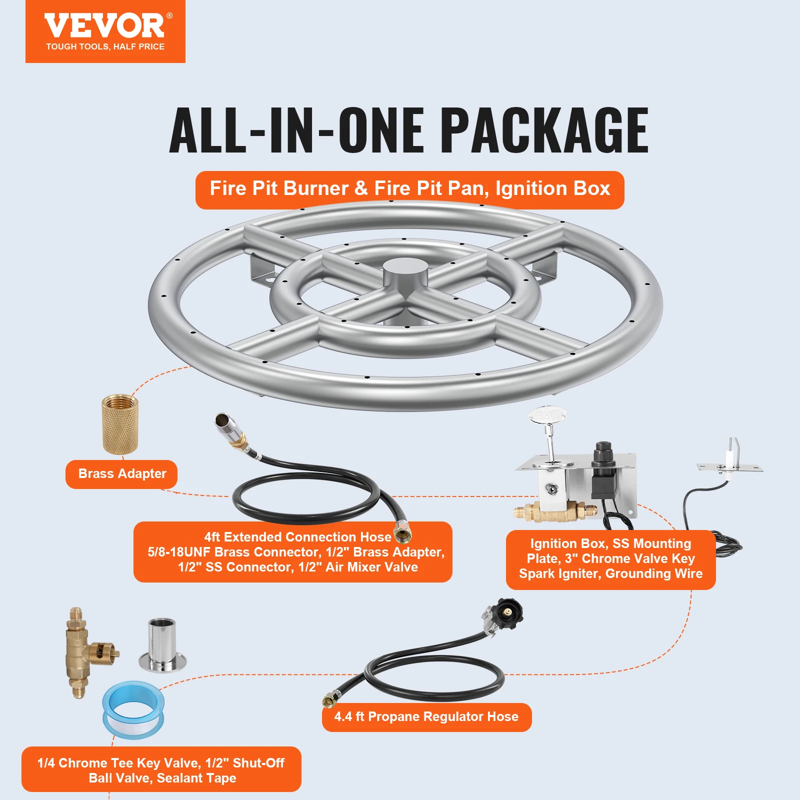 VEVOR 12 inch Round Drop-in Fire Pit Pan Stainless Steel Fire Pit Burner Kit  Natural & Propane Gas Fire Pan with 92000 BTU