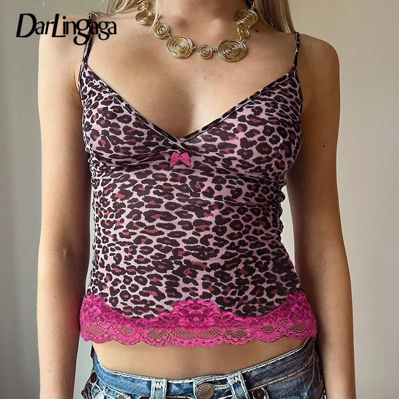 Darlingaga Vintage Strap Y2K Aesthetic Summer Tops Women Leopard Camisole Lace Patchwork 2000s Aesthetic Chic Cropped Top Kawaii