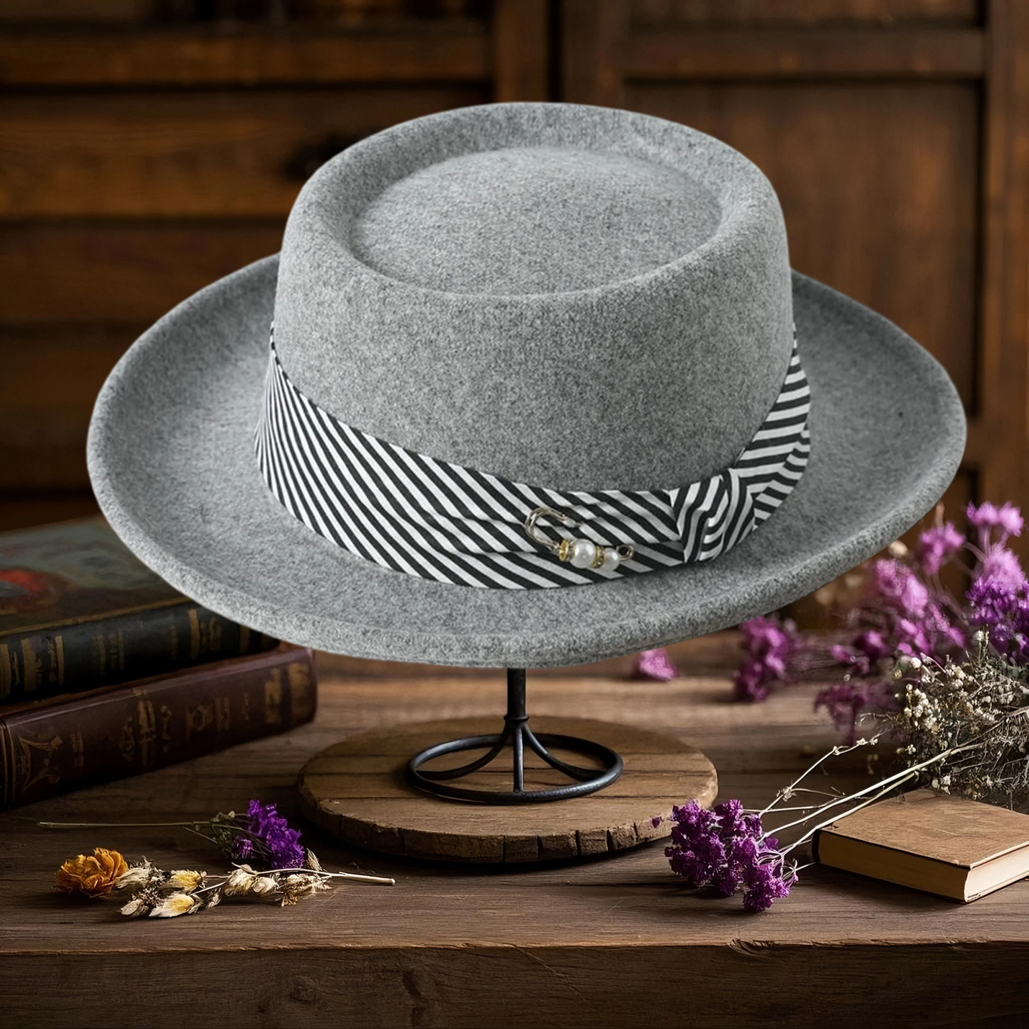 Vintage Style Woolen Cloche Hat with Striped Belt and Curled Edge Detail Elegant Fedora Cap for Parties and Special Occasions