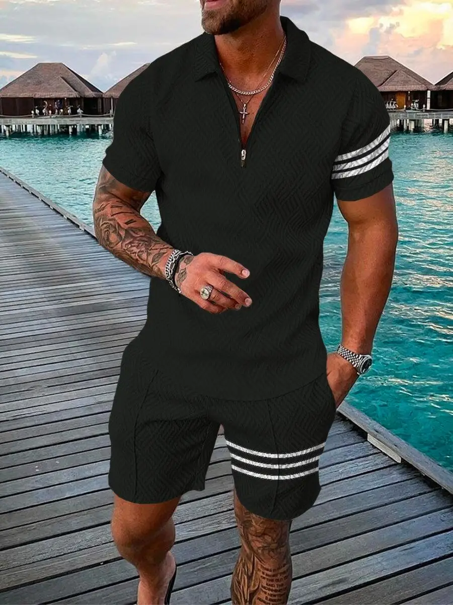 Summer Trend Plaid Stripes Print Men's Tracksuit Casual Zipper Collar Shirt And Shorts 2pcs Sets Man Clothing Streetwear