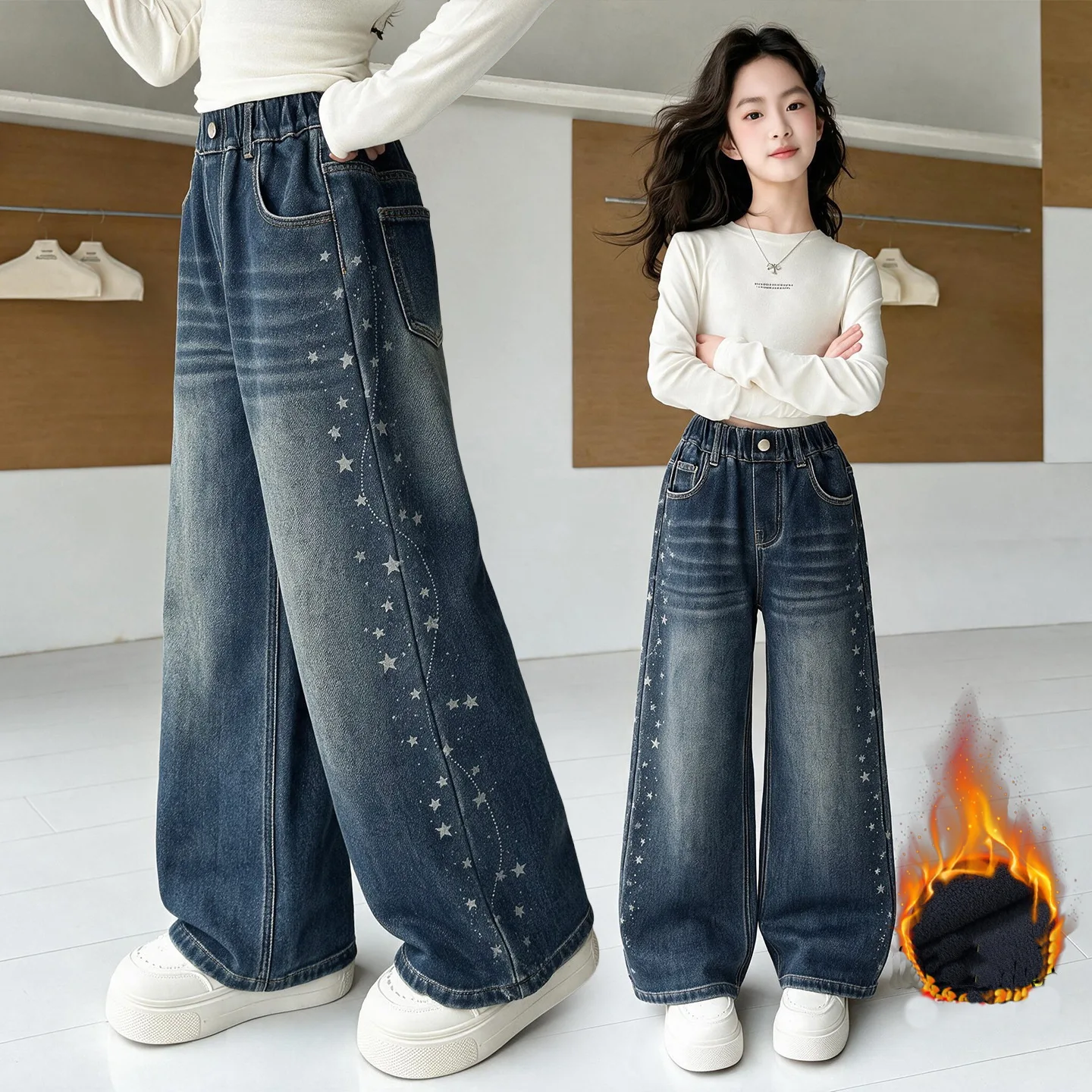 Children Insulated Jeans for Girls Fashion Winter Warm Denim Pants Teen Kids Fleece Lined Jeans Trousers with Side Star Pattern