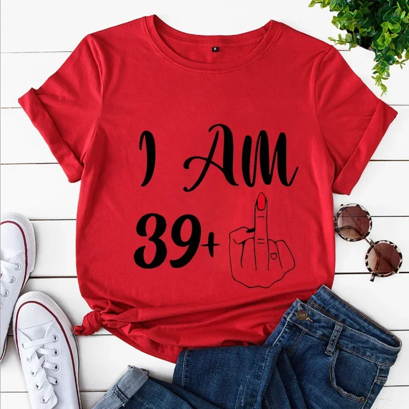 Camiseta con estampado de dedo medio para mujer, playera de manga corta con estampado de I Am 39 Plus, playera gráfica de dedo medio Y2k