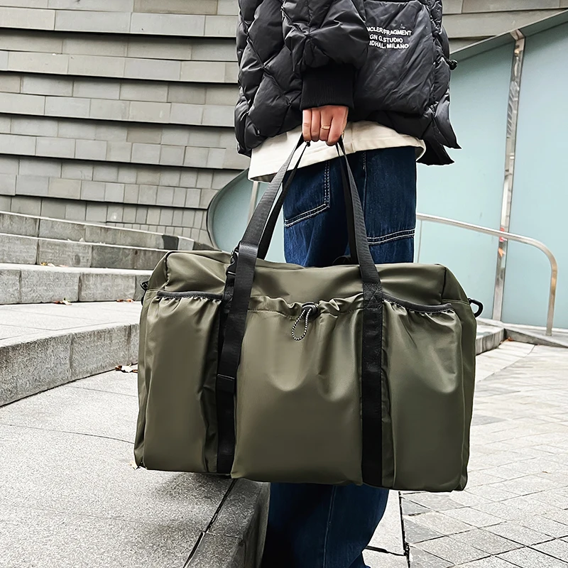 Streetwear Style Nylon Drawstring Men Shoulder Bag Large Capacity Travel Duffle Bag Casual Commuter School Gym Men Handbag