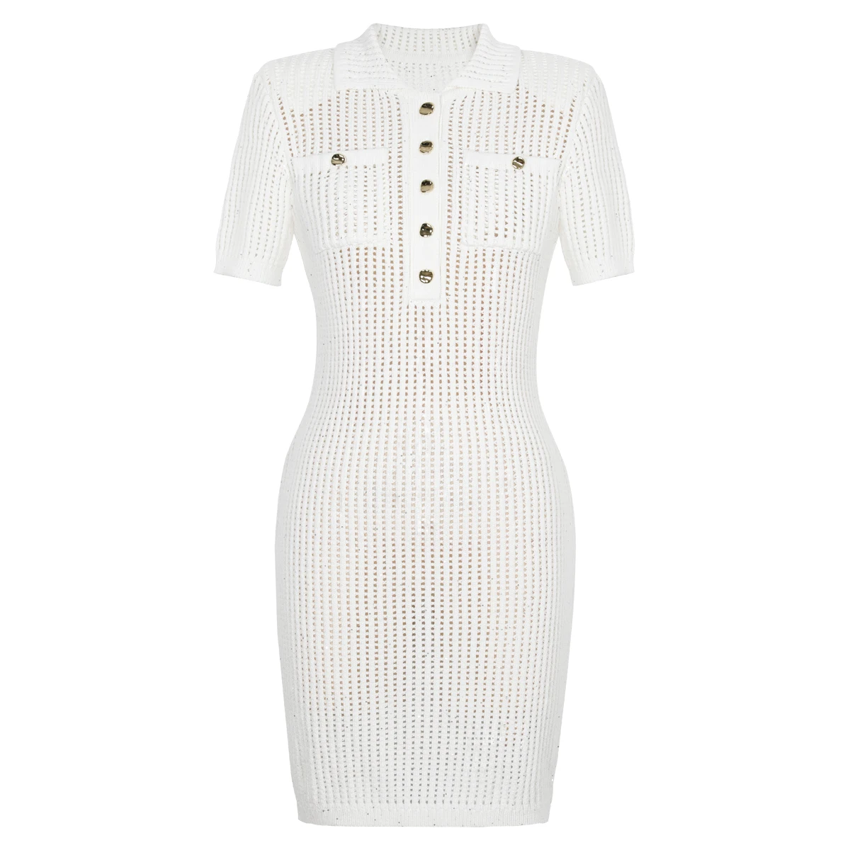 

High Quality Spot Summer New Fashionable Knitted Hollow Mesh Bright Patch Slim Fit Short Sleeved Women's Dress