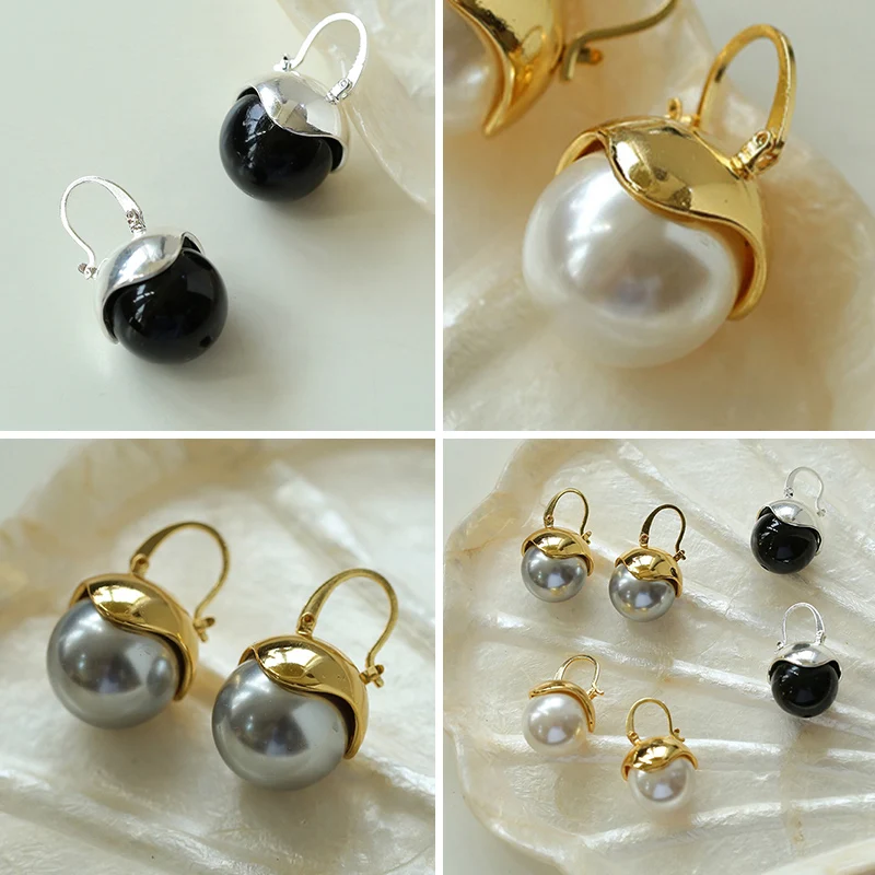 BEAUTODAY Earrings Women Black Agate Pendant Earring White Pearl Vintage Ladies Accessories 93542