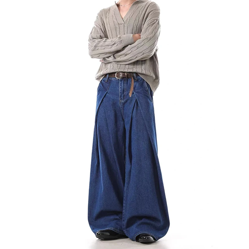 กางเกงยีนส์ทรงหลวมสีน้ำเงินเข้มสไตล์วินเทจ Y2K ของผู้หญิง ZHIZOU กางเกงยีนส์เดนิมสไตล์ฮาราจูกุแบบญี่ปุ่นยุค 2000 เอวสูงทรงโอเวอร์ไซส์