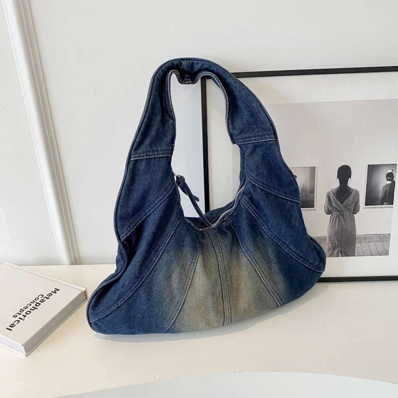 

New Trendy Vintage Gradient-Color Denim Crossbody Bag For Retro Business Casual Large Capacity Single Shoulder Bag