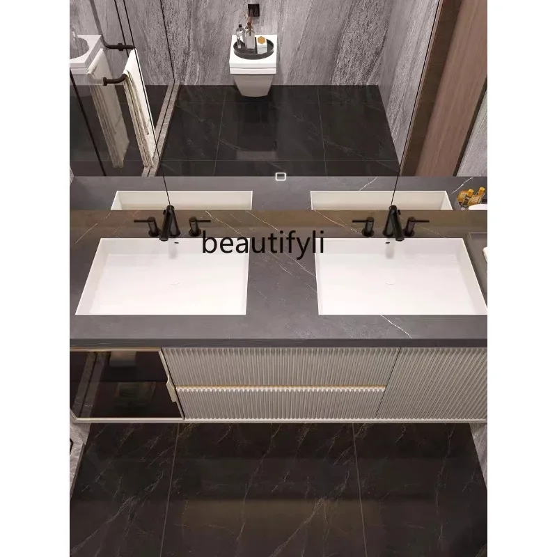 Stone Plate Seamless Ceramic Basin Oak Bathroom Cabinet Combination Modern Light Luxury Bathroom Face Washing Washstand