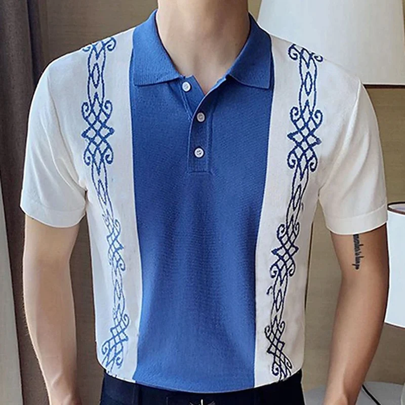 

Streetwear Mens Knitted Slim Polo Shirt Short Sleeve Button Lapel Knit Polo Shirts Men Luxury Style Contrast Color Knitting Top