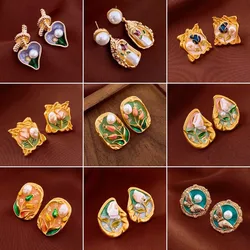 Vintage Enamel Oil Painting Style Earrings for Women Flower Pattern Light Luxury High-grade Sense Jewelry French Romantic Gifts
