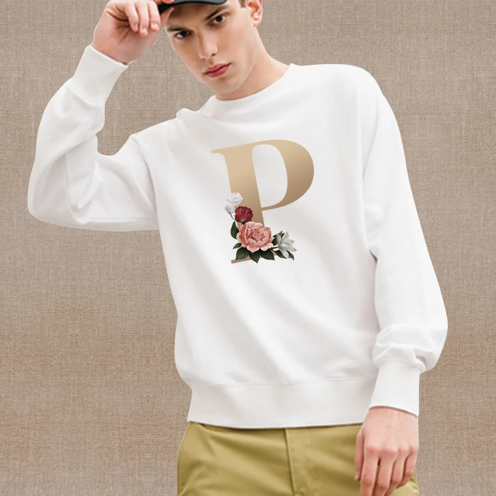 Warm Casual Pullover Men White LongSleeve Hoodie Gold Letter Printed Lightweight Comfortable Sweatshirt Fashionable MenClothing