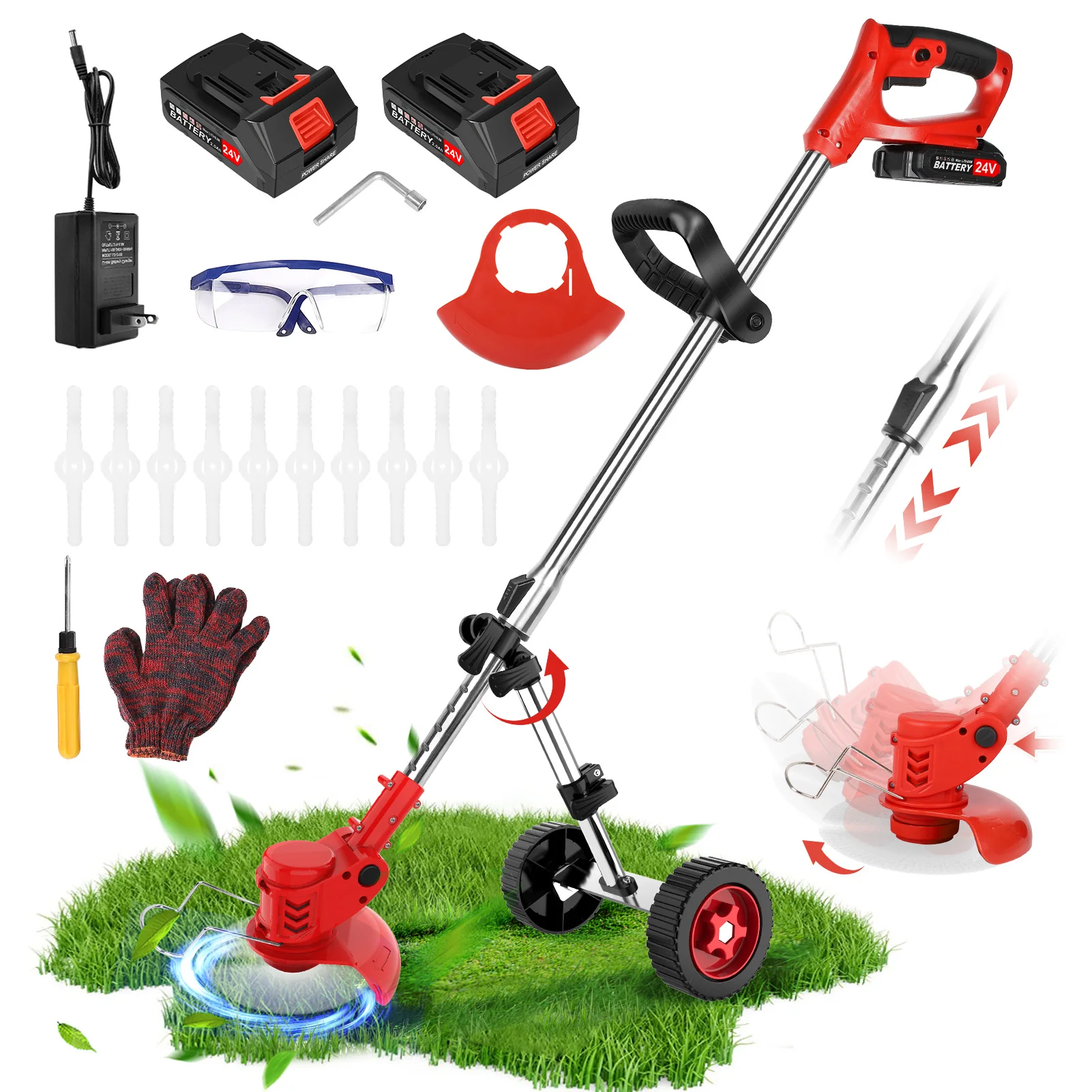 

Беспроводной триммер для газона Wacker Weed Wacker, газонокосилка 21 В, обрезной станок для травы с 3 типами лезвий и 2 батареями, легкий вес с колесом