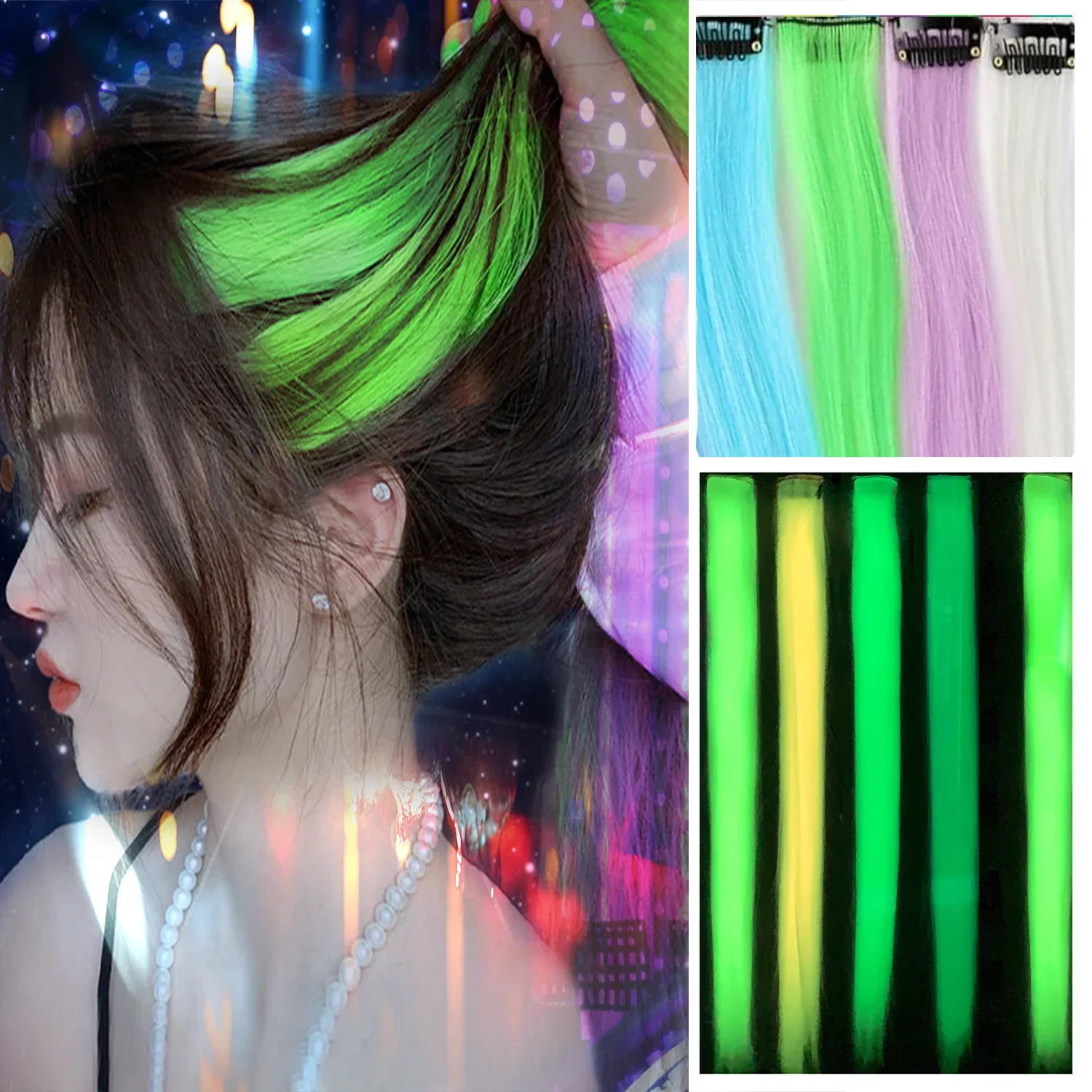 

Synthetic Colorful Glow in Dark Clip in Hair Extensions Rainbow Cosplay Party Wig Pieces for Festival, Rave, Dance, Costume,