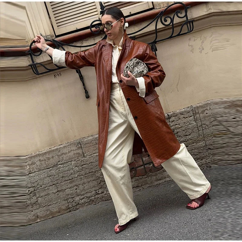 Fashion Loose Solid Pu Leather Coat Women Full Sleeve Lapel Single Breasted Long Coats Female 2026 Autumn Winter Outwear Lady