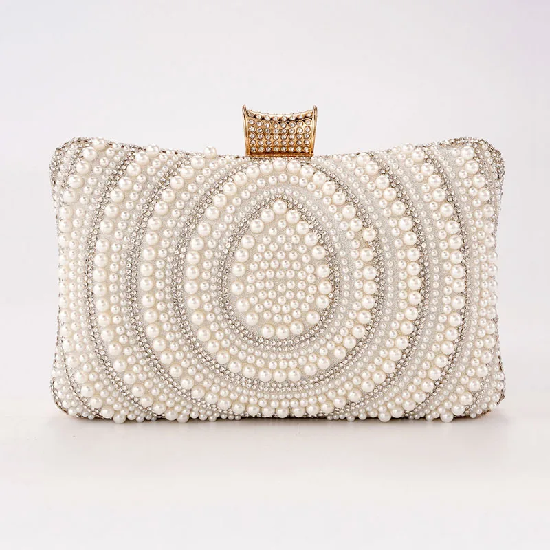 Pearl Diamond Female Handbag with Long Chain  Fashion Bridal Wedding Dinner Party Day Clutch Bags Evening Bag