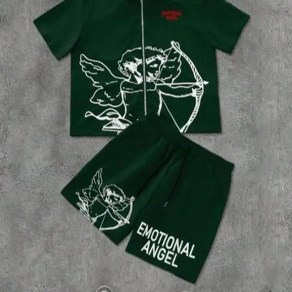 

Men's Casual Sportswear Set Angel Print Comfortable Seven Sve T-irt ort Pants Autumn Faion No BrandPXO640