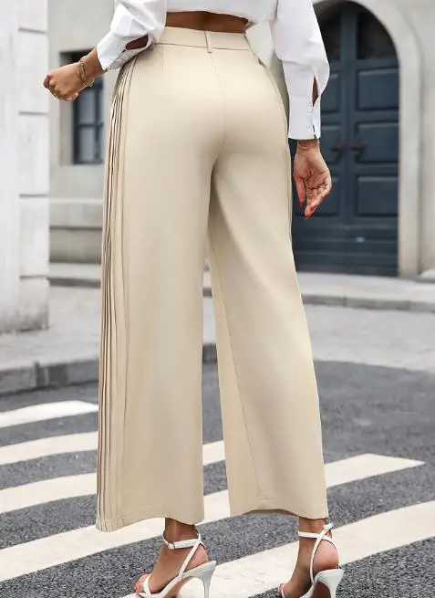 Commuting solid color double-sided pleated splicing design wide leg pants with casual style details pocket pants for women