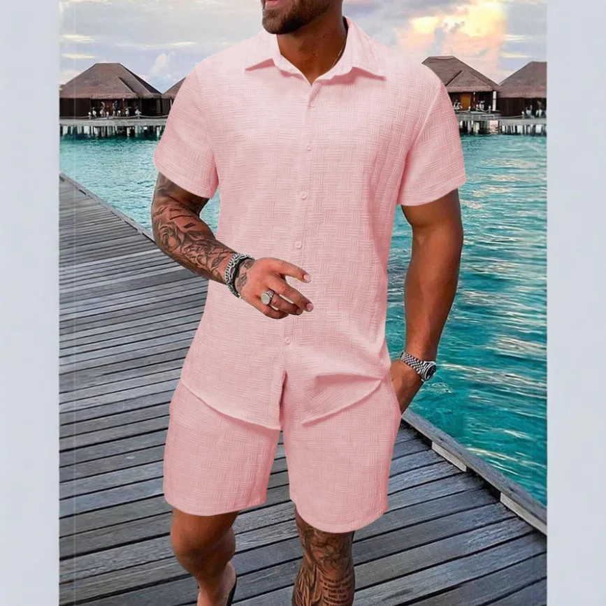 

2025 summer jacquard check texture solid color suit short sleeve men's fashion comfortable holiday beach style shirt shorts two-