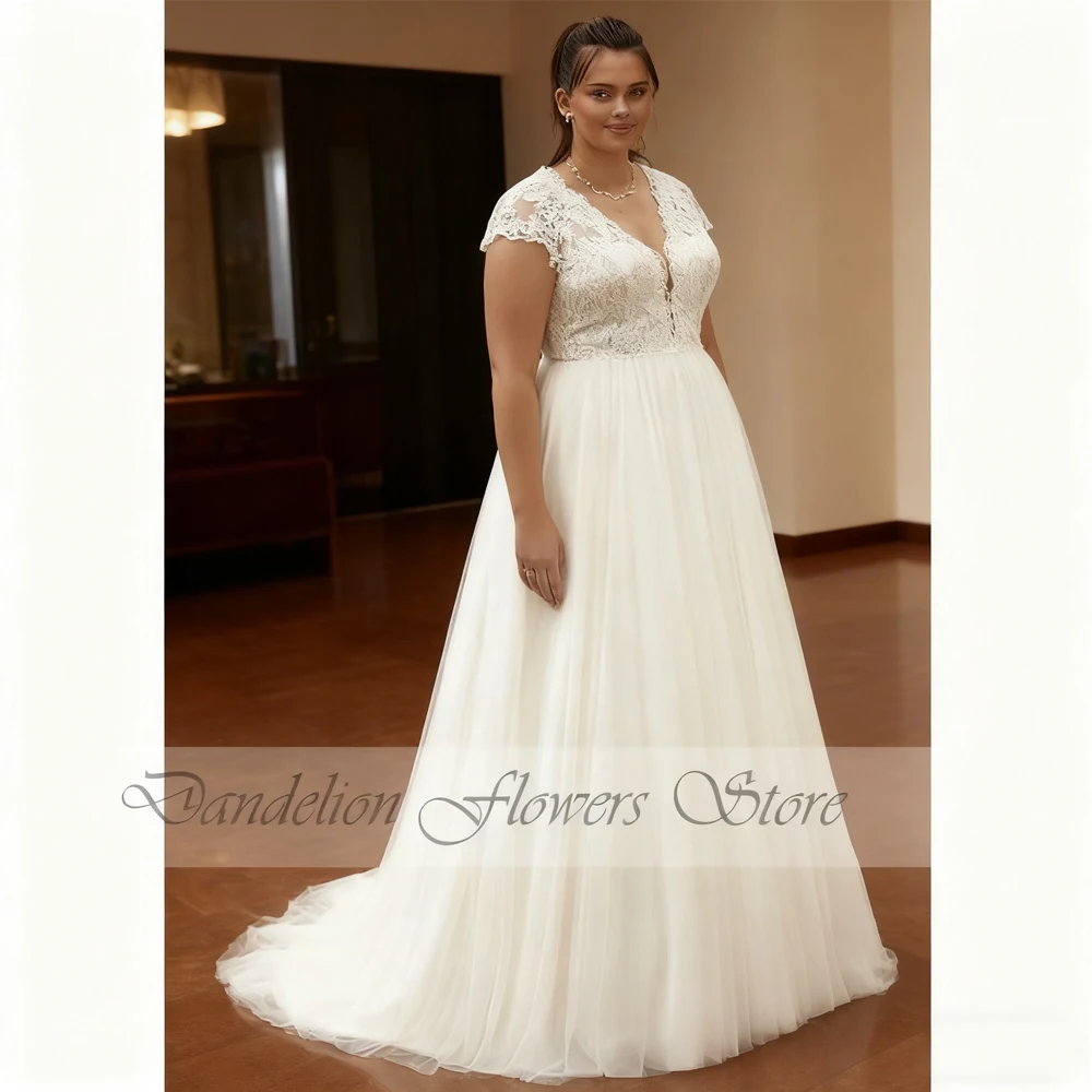 

Boho Plus Size Wedding Dresses Lace Applique Short Sleeves Bride Gowns Tulle A-Line Sweep Train Backless فستان حفلات