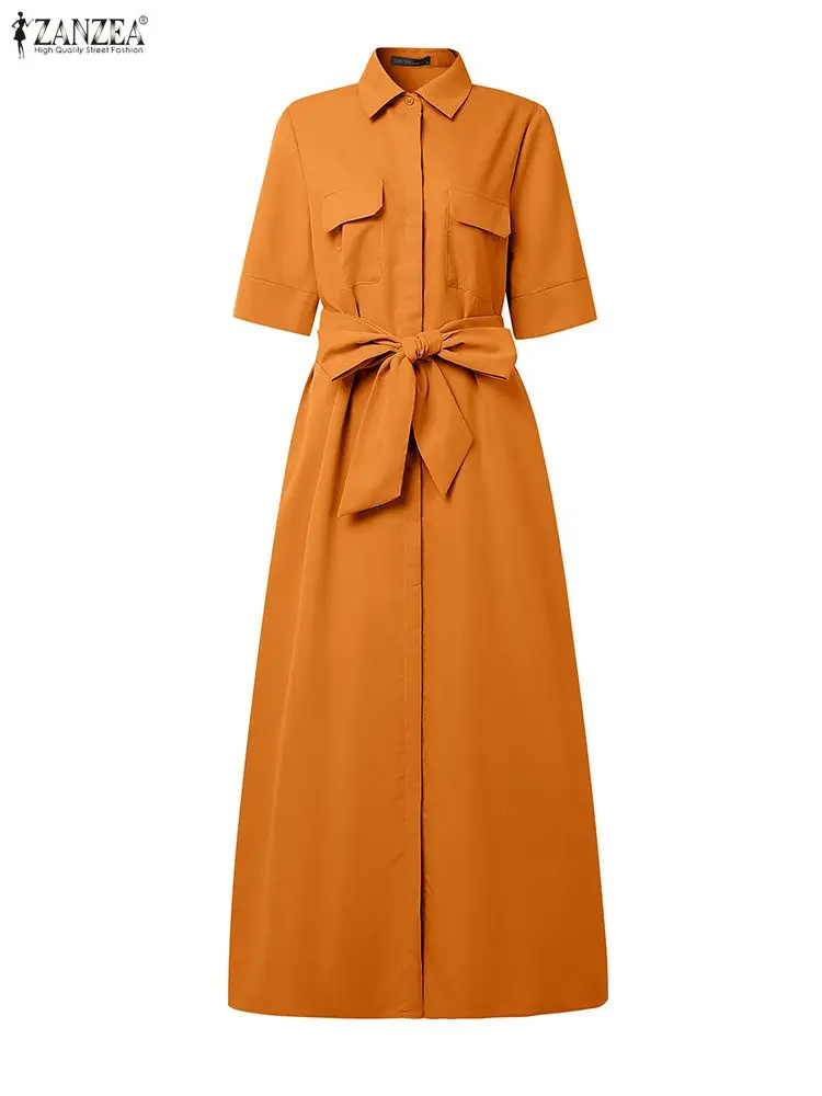 ZANZEA Women Fashion Long Shirt Dress Summer Half Sleeve Belted Streetwear Maxi Vestidos 2025 Elegant Buttons Casual Loose Robe