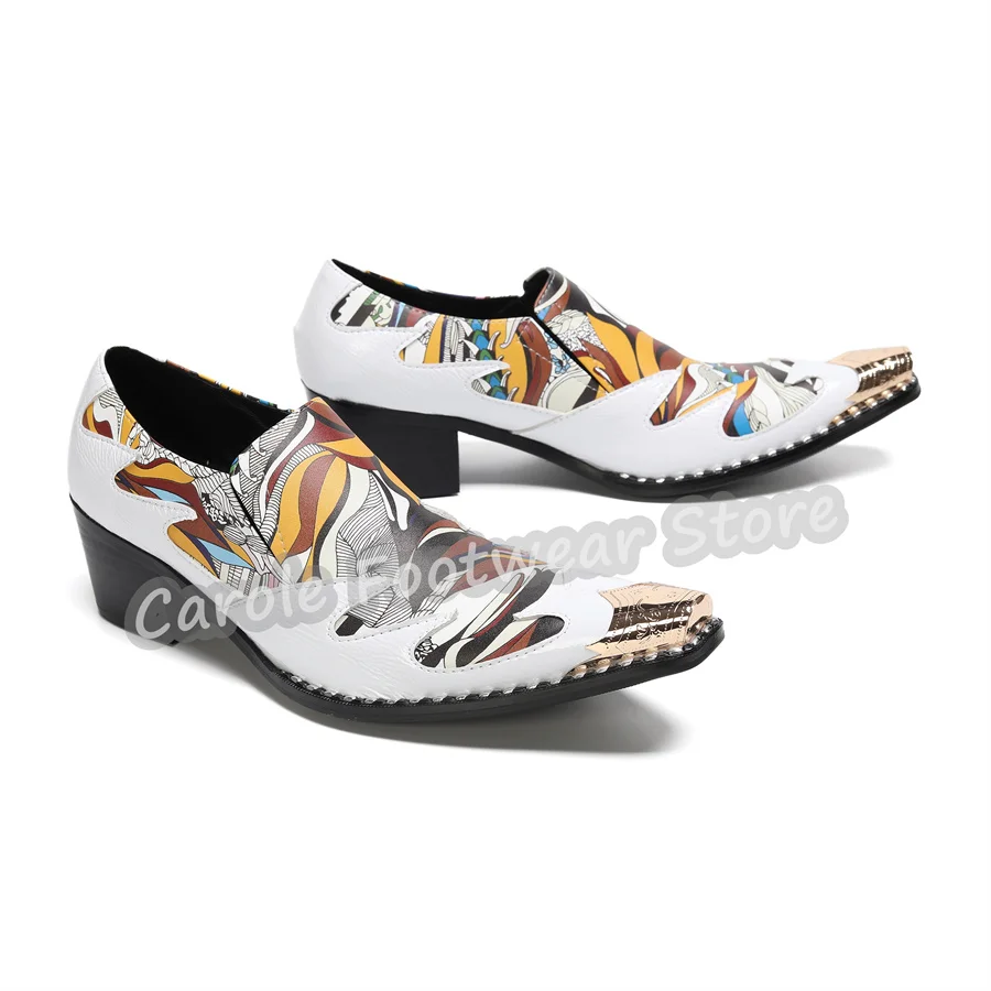 

Graffiti Prints Genuine Leather Slip-On Mules Men Metal Pointed Toe Chunky Heel Shallow Loafers Male Rivet Decor Derby Shoes