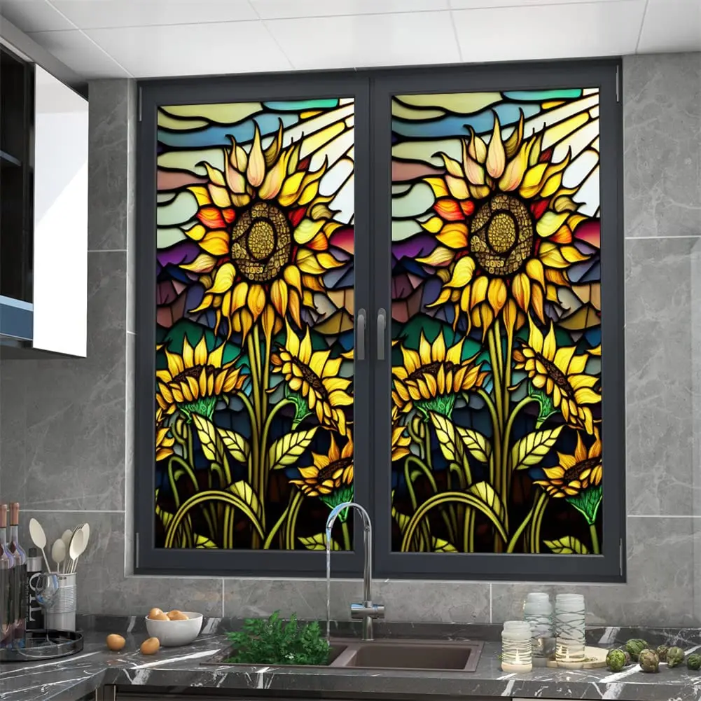 Película de ventana de vidrio teñido de girasol colorido, película de ventana de aislamiento térmico de bloqueo Uv extraíble, estática decorativa